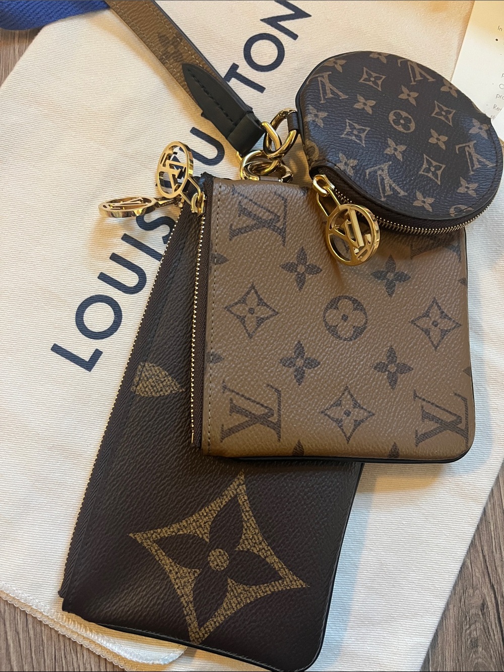 Louis Vuitton Trio Reverse Monogram Pouches & Strap Box Bag Receipt Booklet